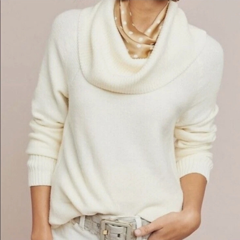Anthropologie Cowl Neck Sweater Cream Ivory Knit Ribbed Hem Size Lg